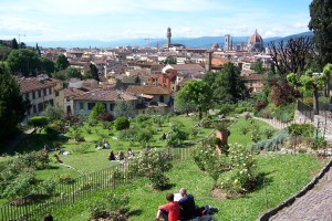 Spring meadow at Roses Garden next to Piazzale Michelangelo in Florence